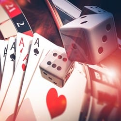 Multi Casino Games Concept 3D Render Illustration. Poker, Craps, Slot Machine and Roulette.